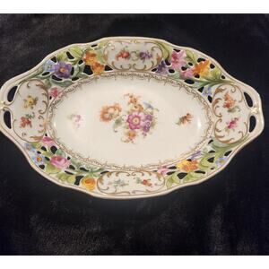 Vintage 1920's Union T Czech pierced floral serving dish 11X7x2"